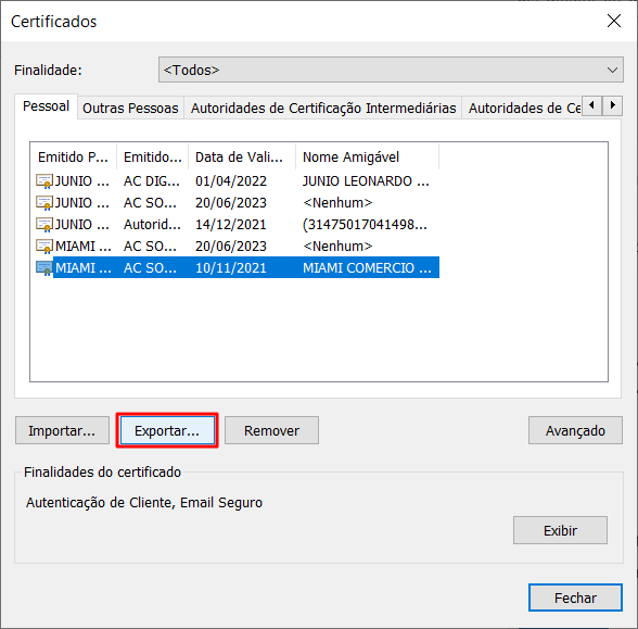 Lista de certificados em Opções da Internet para Exportar