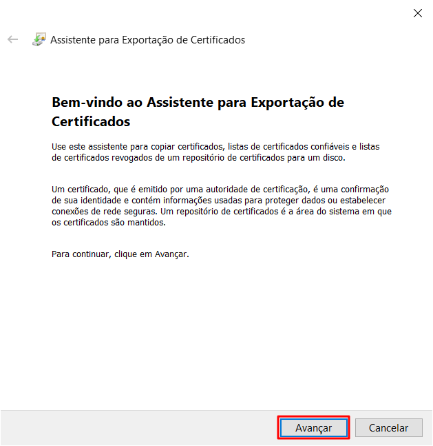 Primeira tela do assistente de exportação de certificados
