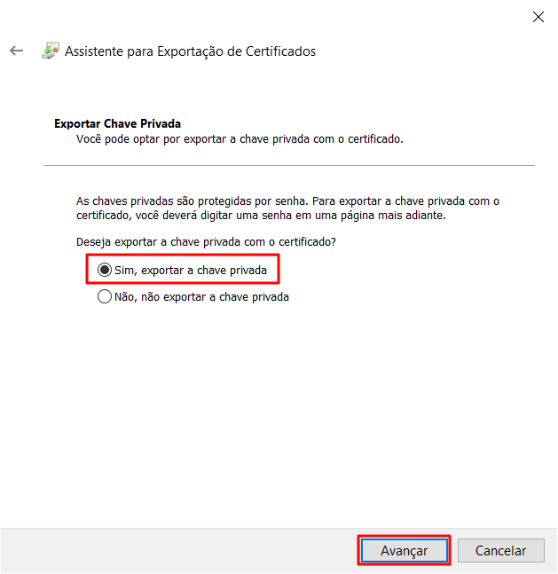 Tela do assistente de exportação de certificados - Exportar chave privada