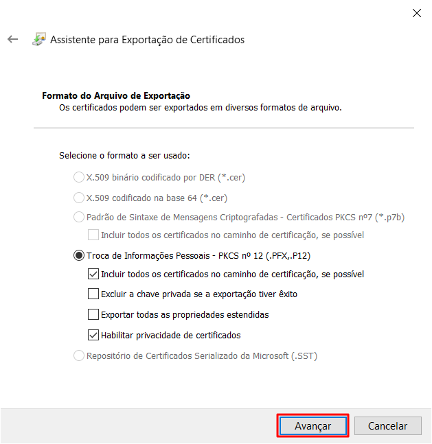 Tela do assistente de exportação de certificados - Formato do Arquivo de Exportação