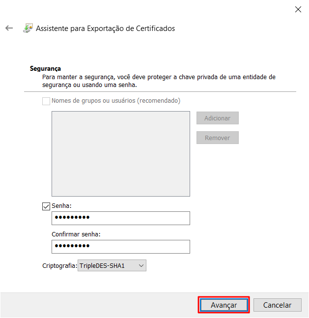 Tela do assistente de exportação de certificados - Nova Senha