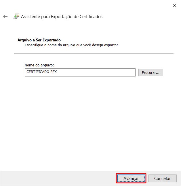 Tela do assistente de exportação de certificados - Nome do arquivo a ser exportado