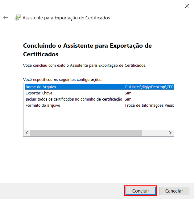 Tela do assistente de exportação de certificados - Concluindo a Exportação