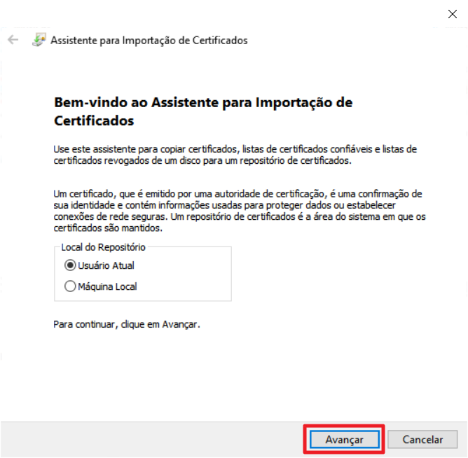 Primeira tela do assistente de importação de certificados