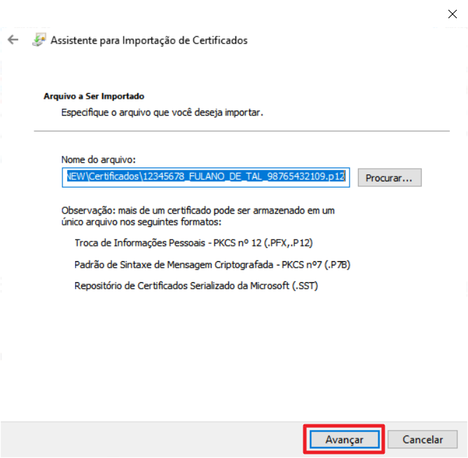 Tela do assistente de importação de certificados - Arquivo a ser importado