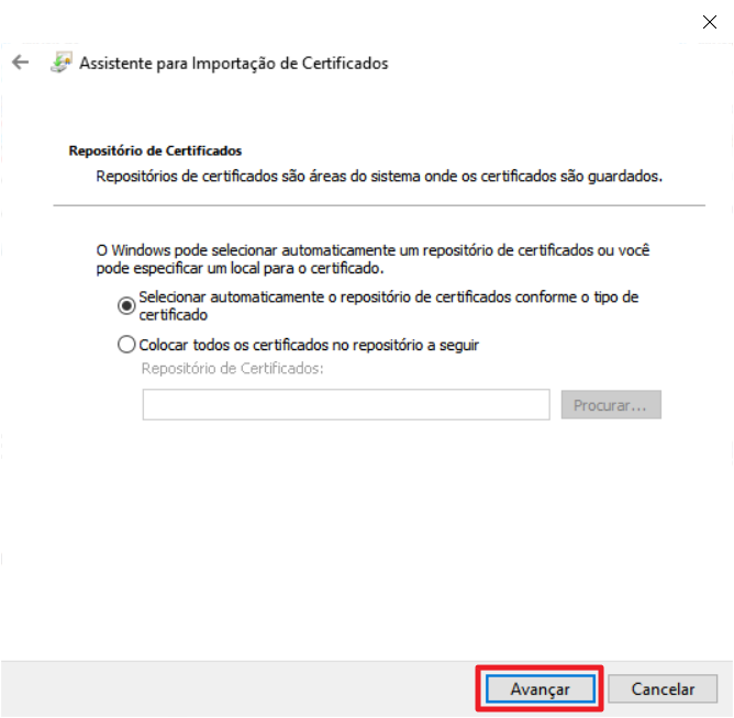 Tela do assistente de importação de certificados - Repositório de Certificados