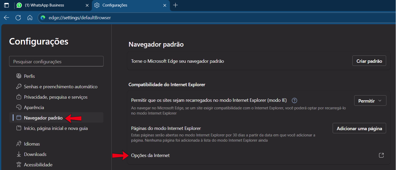 Navegador Padrão Edge - Opções da Internet