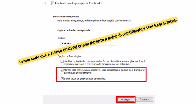 Senha PIN do Certificado e Marcar esta chave como exportável