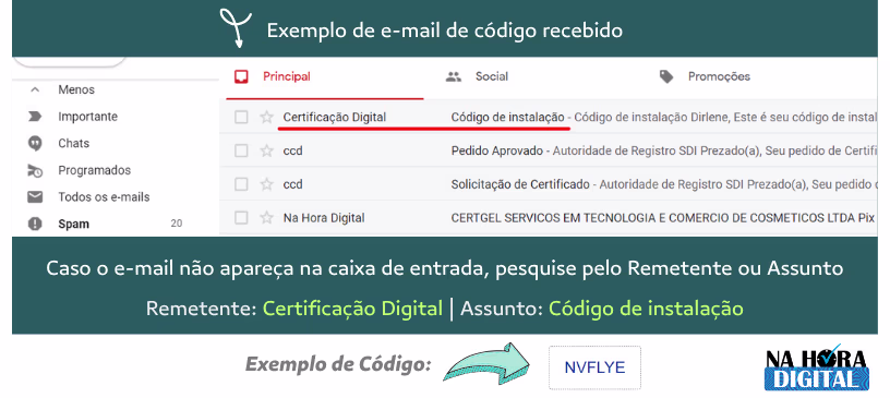 Exemplo de e-mail de Código de Instalação do Certificado Digital recebido