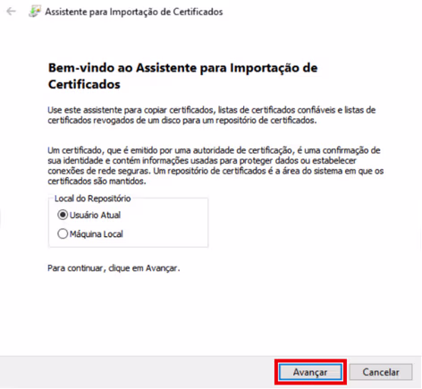 Primeira Tela do Assistente de Importação de Certificados