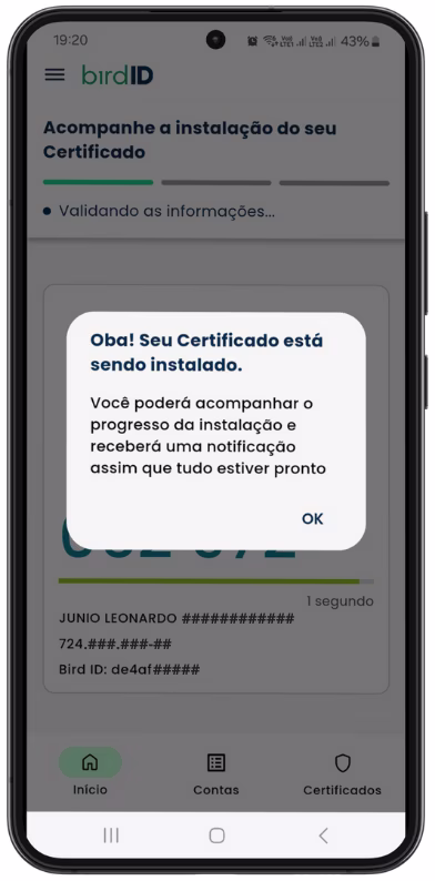 Emitir Bird ID pelo Celular - Certificado sendo instalado