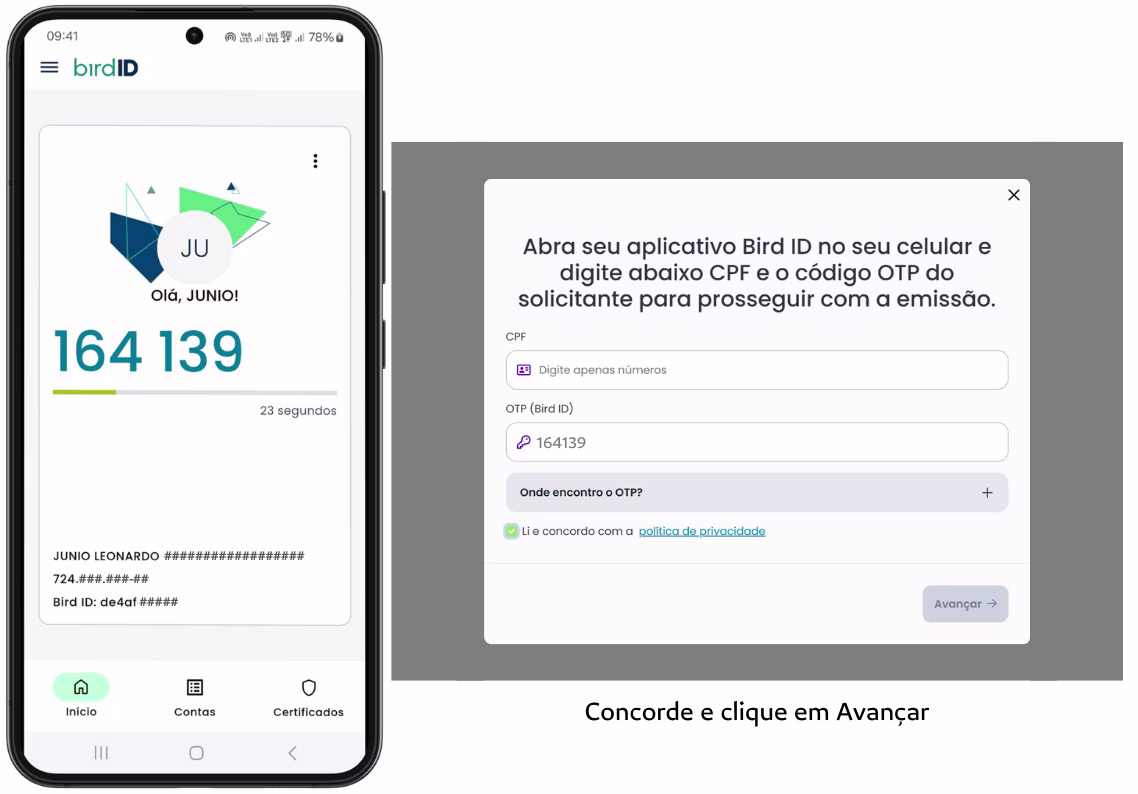 Emissão Online Utilizando o Bird ID - Digite CPF e Código OTP