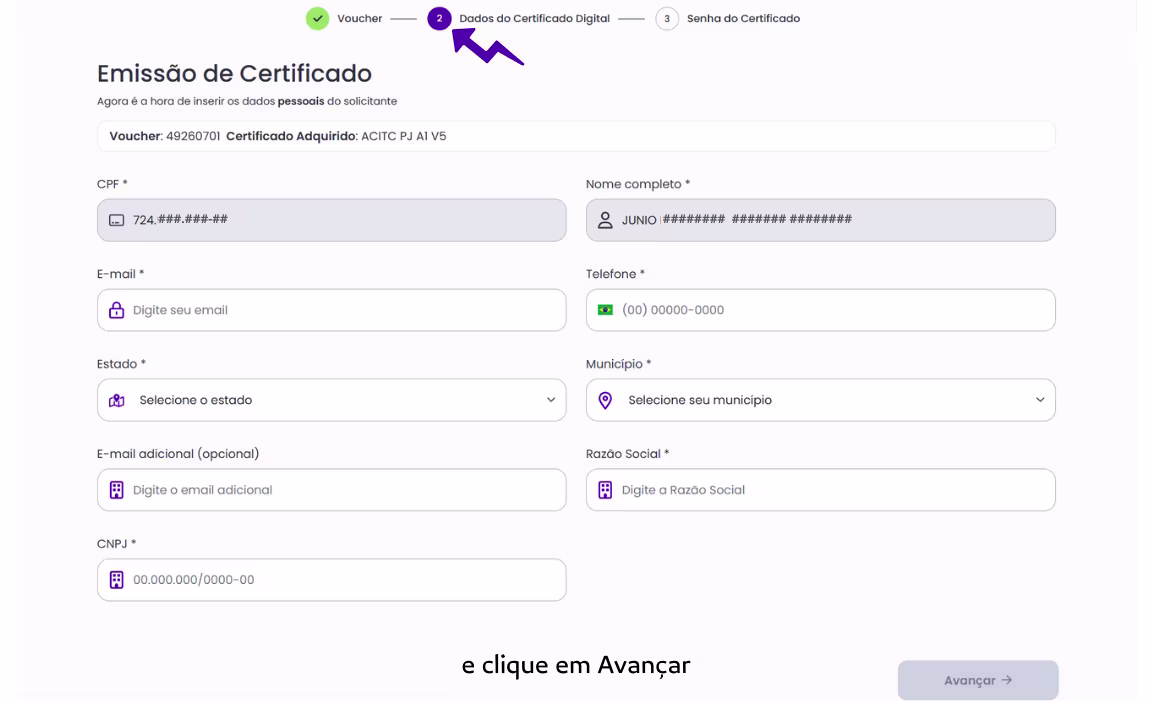 Emissão Online Utilizando o Bird ID - Insira os dados pessoais