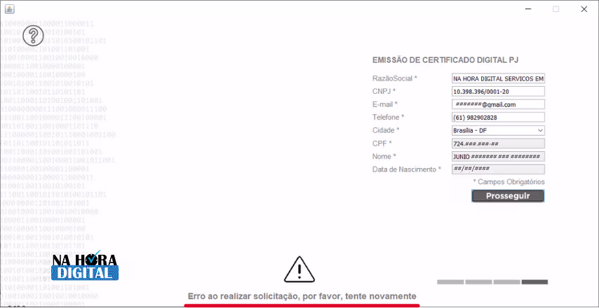 Erro ao realizar solicitação, por favor tente mais tarde