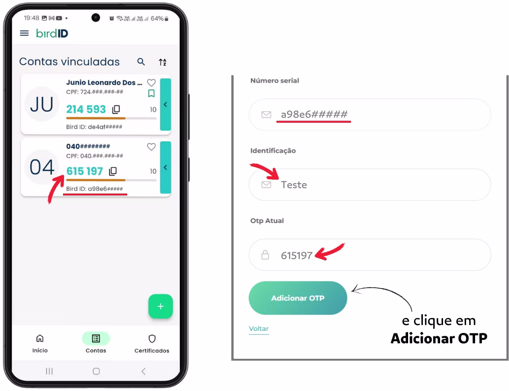 Sincronizar o Bird ID pelo Computador - Nomeie o Dispositivo e Insira o OTP atual