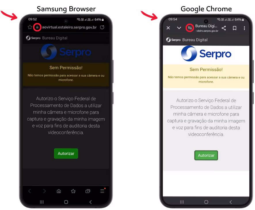 como permitir camera e microfone direto nos navegadores samsung e google chrome