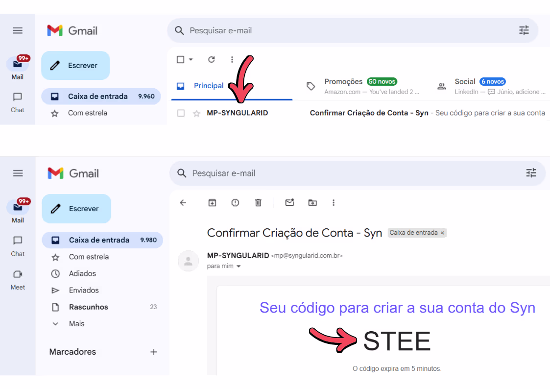 exemplo de e-mail de código de autenticação do app syn id
