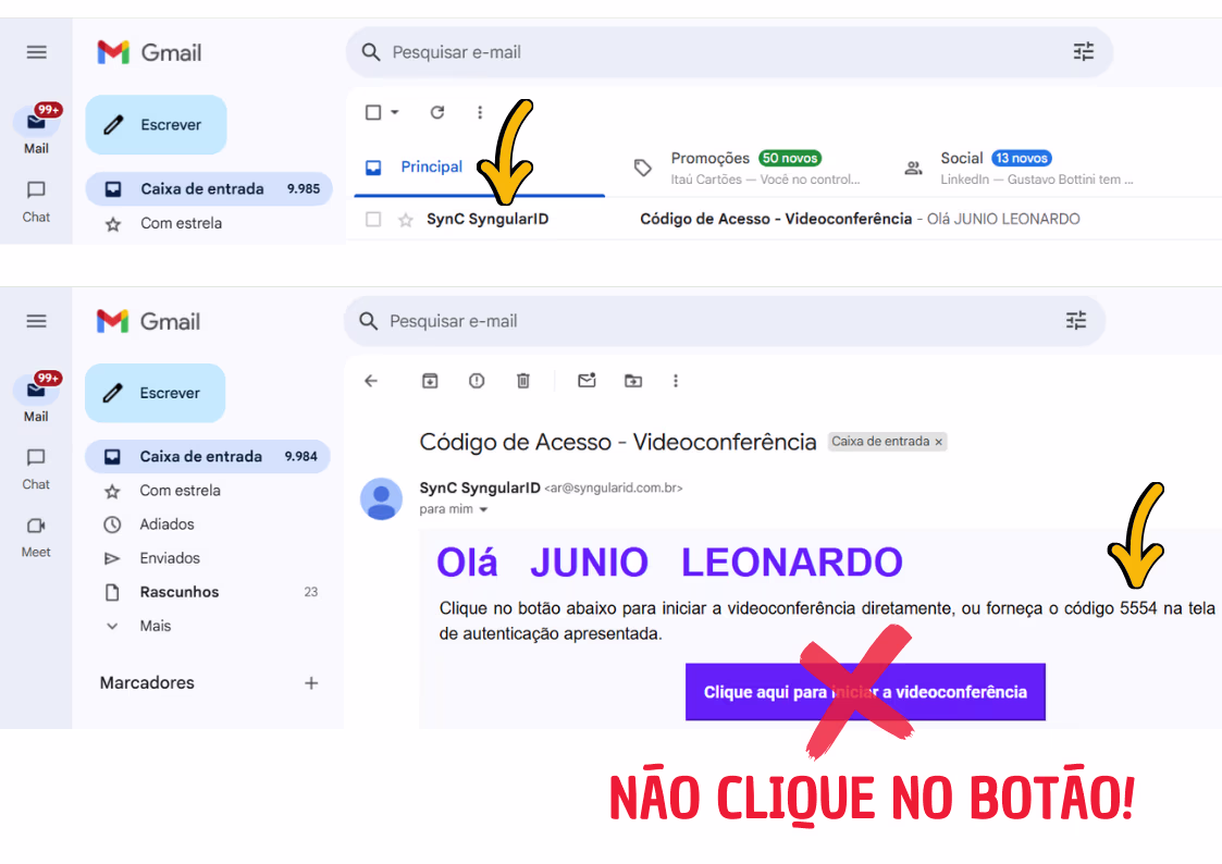 exemplo de email de código de acesso de videoconferência syngular
