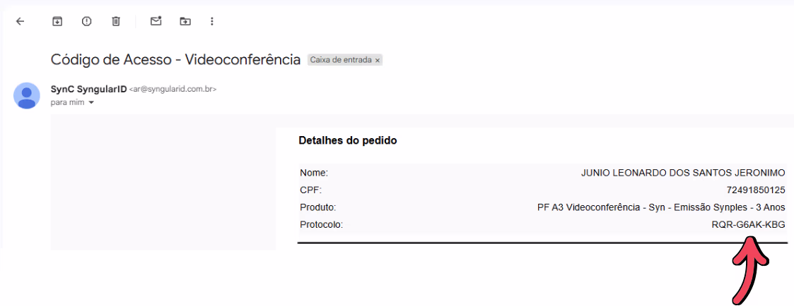 número de protocolo do app syn id no e-mail 1
