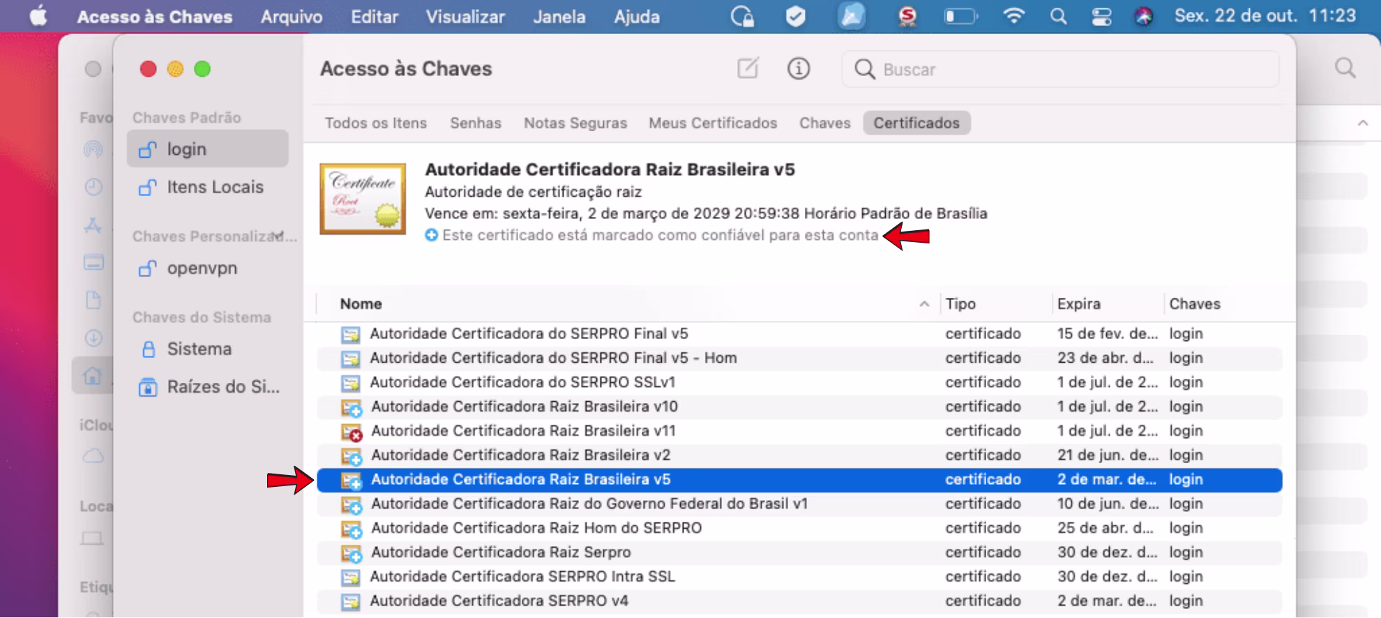certificado marcado como confiável no mac os