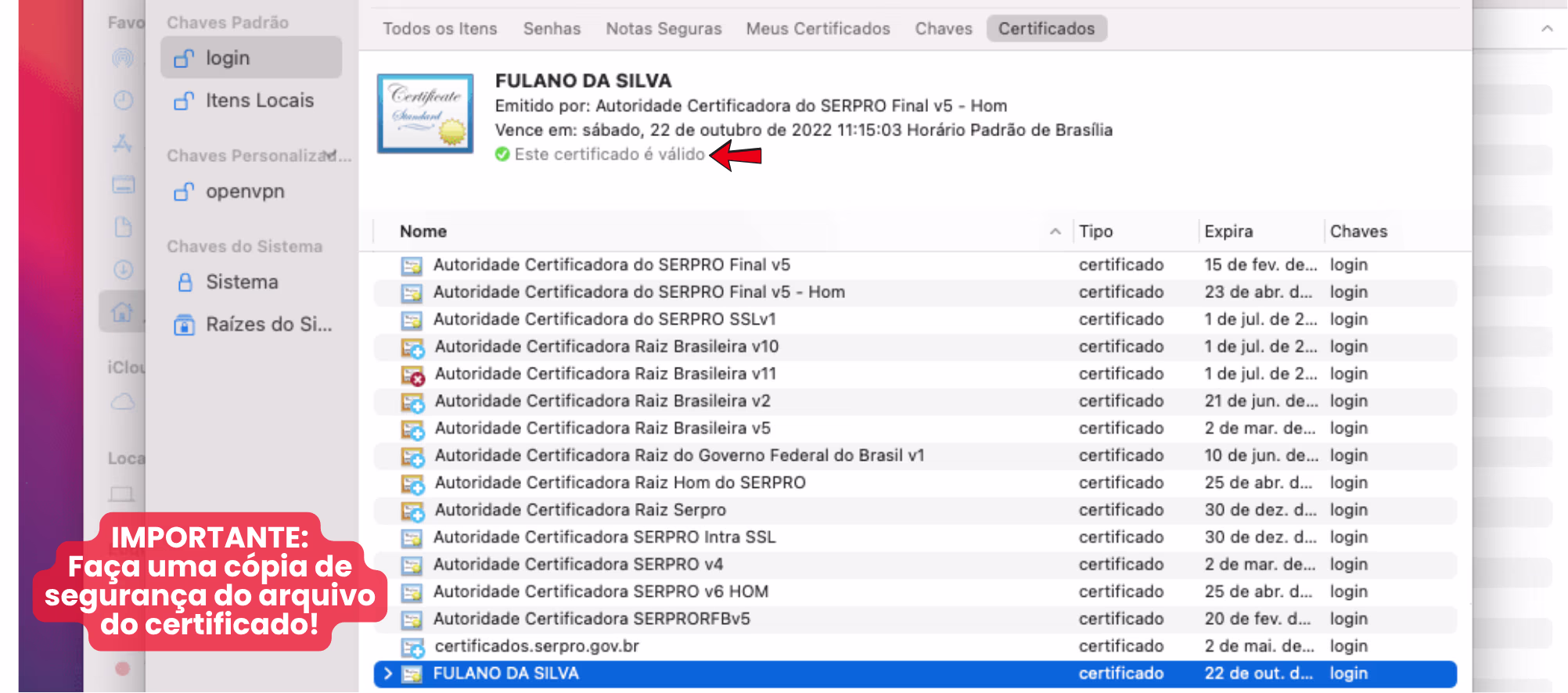 certificado válido no mac os