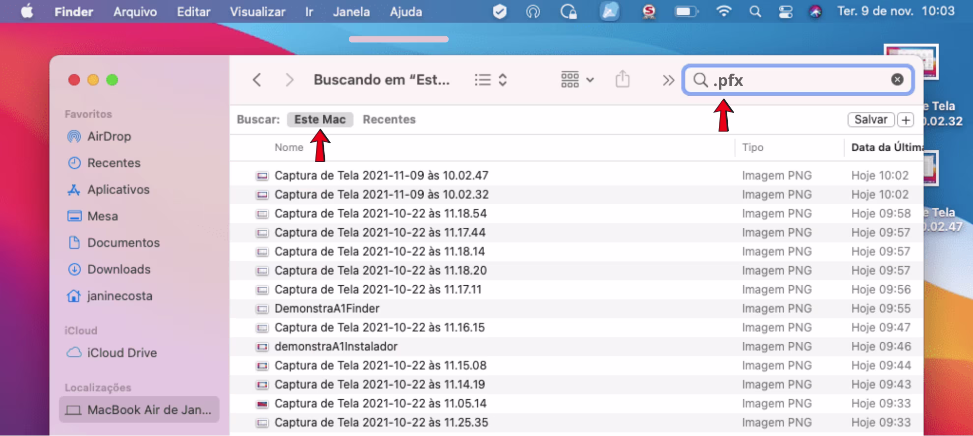 digite .pfx para localizar o arquivo do certificado digital no mac os