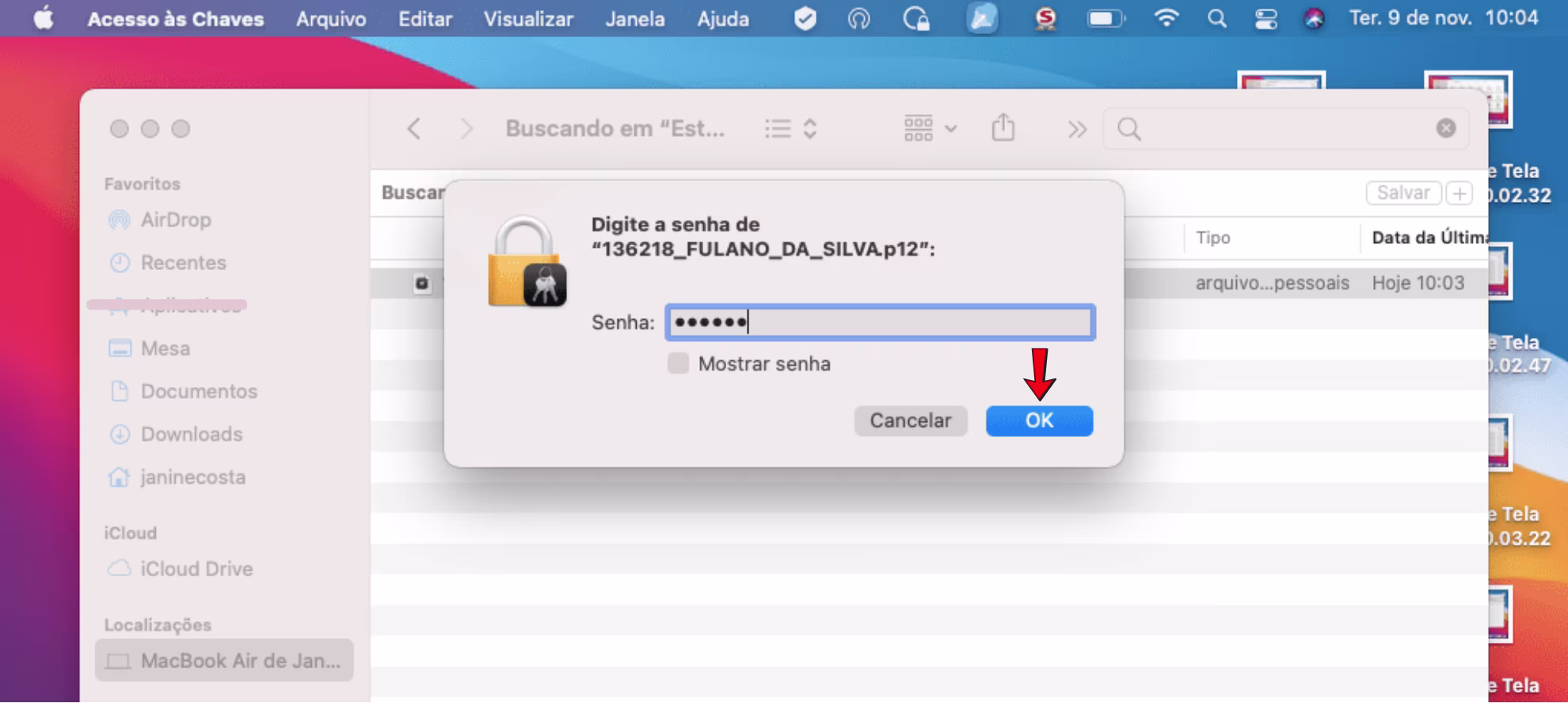 digite a senha do certificado digital no mac os