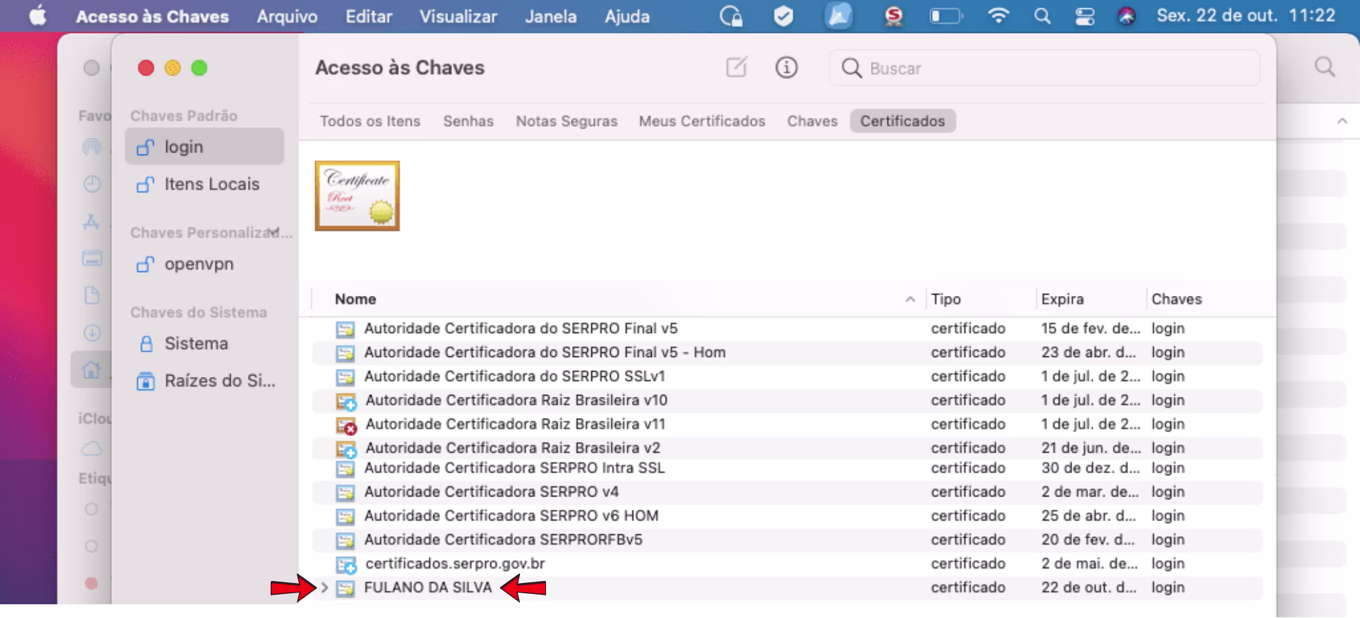 certificado digital importado para o gerenciador de certificados no mac os