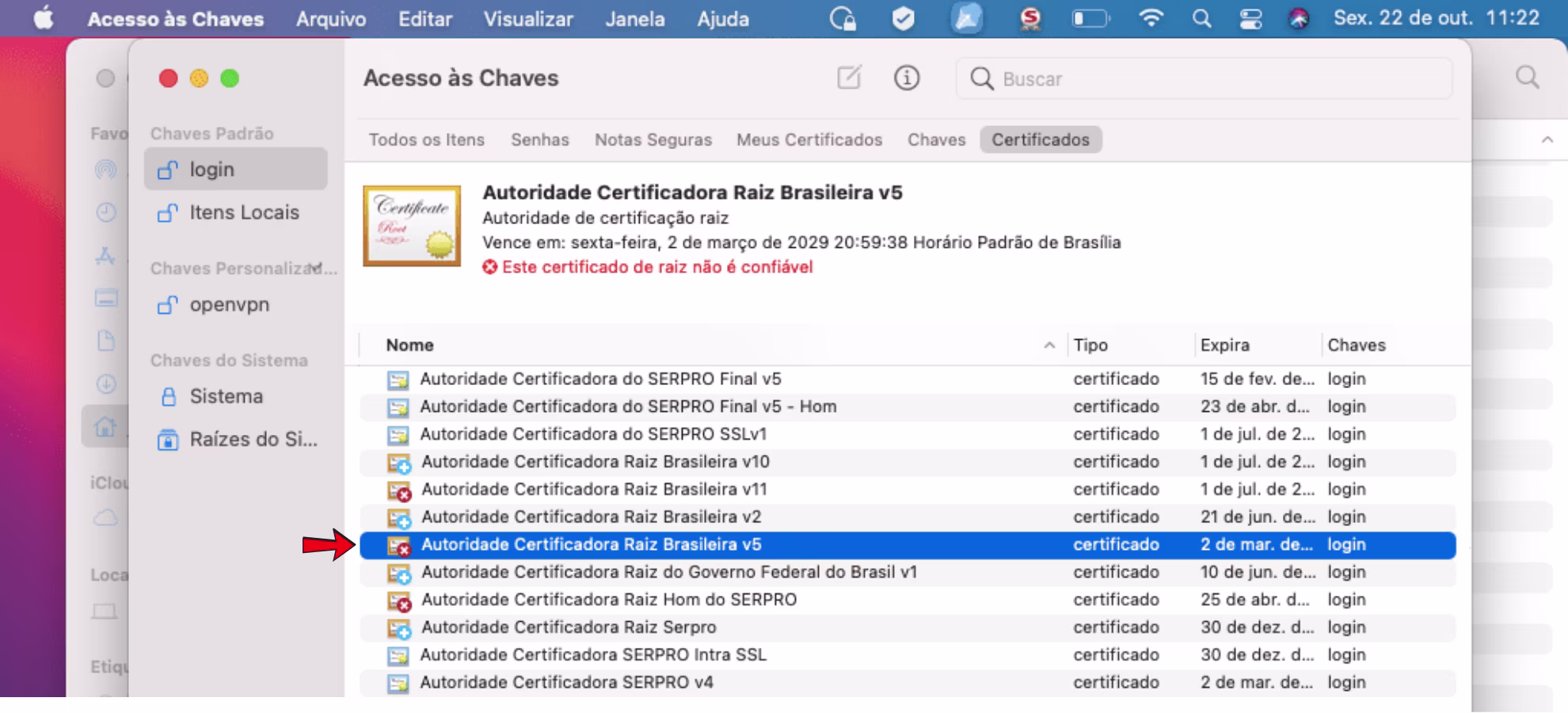 este certificado de raiz não é confiável no mac os