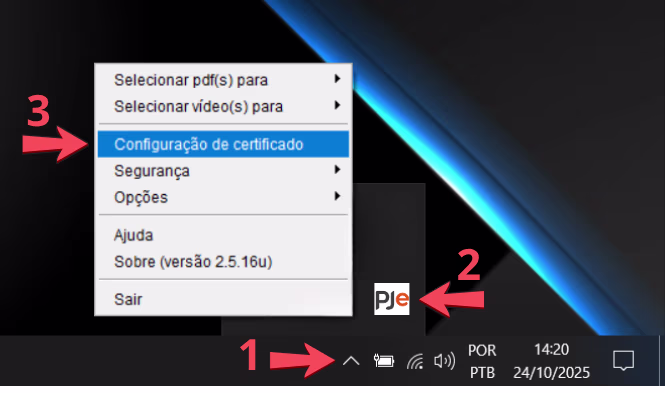 abrindo as configurações do pje office no windows