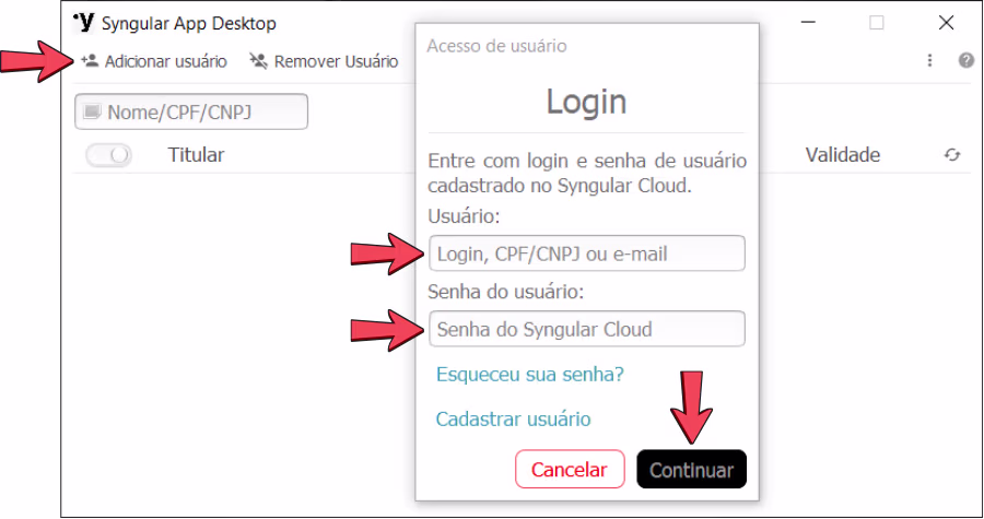 adicionar usuário - login no syngular app desktop