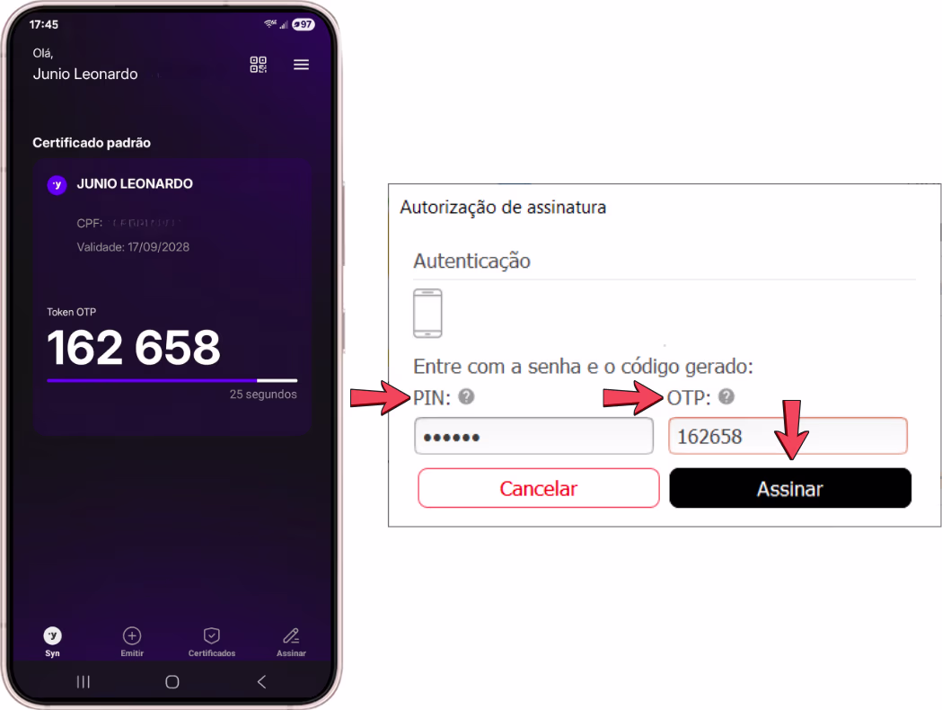 inserindo pin e código otp do syn id