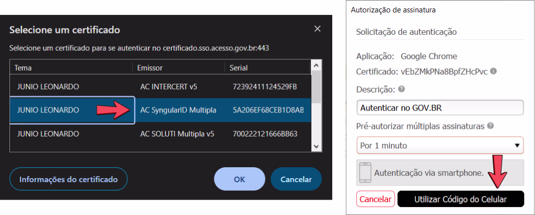 seleção do syn id na lista de certificados