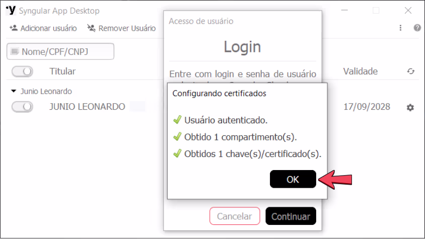usuário autenticado no syngular app desktop com sucesso